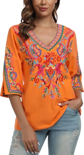 YZXDORWJ Mexican Blouses for Women Summer Floral Embroidered V Neck 3/4 Sleeve Traditional Tops Boho Shirts (L, 17-4O)
