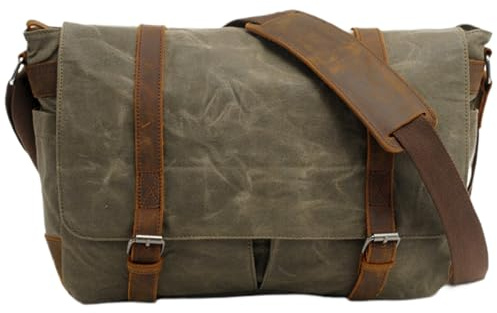 Messenger Bag, 15 'Laptop Bag for Men, Mens Messenger Bag 15,6 tum vattentät vintage äkta lädervaxad duk portfölj stor läder dator bärbar väska robust satchel axelväska grön