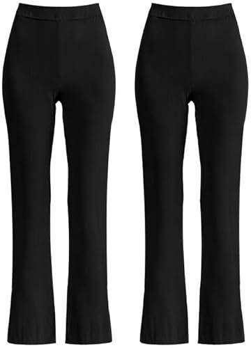 L S U Pack of 2 Girls Pull Up School Trousers Elasticated Waist Bootleg Stretchy Comfortable Ribbed Trousers (Black, 13-14)
