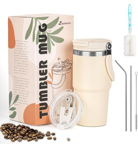 Zoomers Thermobecher mit Strohhalm und Henkel, Trinkbecher mit 2 Deckel +2 Strohhalm, Doppelwandiger Kaffeebecher to Go Thermo, Auslaufsicherer Coffee to Go Becher für Heiße Kalte Getränke 600ml