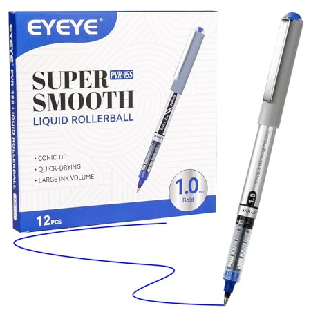 EYEYE Bolígrafos de tinta líquida, 1,0 mm, Paquete de 12 bolígrafos, Azul, Secado Rápido, Rotuladores de Punta Media, Escritura Suave para Oficina y Escuela