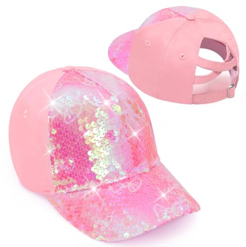 Girls Glitter Baseball Cap Criss Cross Hat, Girl High Ponytail Hat - Kids Trucker Hat with High Bun Messy Ponytail(Ages5-15)
