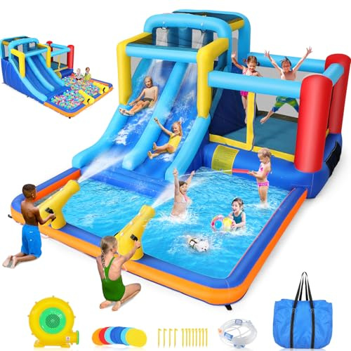 Château Gonflable 9 en 1 pour Enfants de 3 à 10 Ans, extérieur intérieur Castle Bouncer en Plein air avec Double Toboggan Zone de Saut, Grande Piscine Aquatique