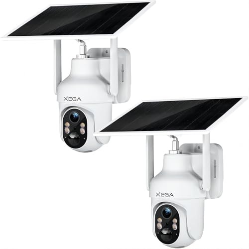 Xega 2 Pièces 4G Camera Exterieur avec Carte Sim sans Fil, Vision Nocturne Colorée 3MP, 2K PTZ IP Caméra avec Panneau Solaire et Batterie, Détection Mouvement PIR & Humaine, Audio Bidirectionnel IP66