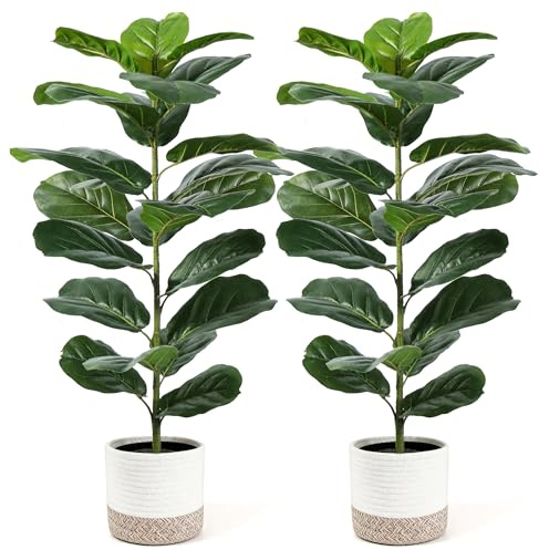 Der Rose 2 Pack 30 Artificial Fiddle Leaf Fig Tree, Mid-Size Realistic Plants Indoor & Outdoor Fake Plants for Apartment Home Living Room Office Decor