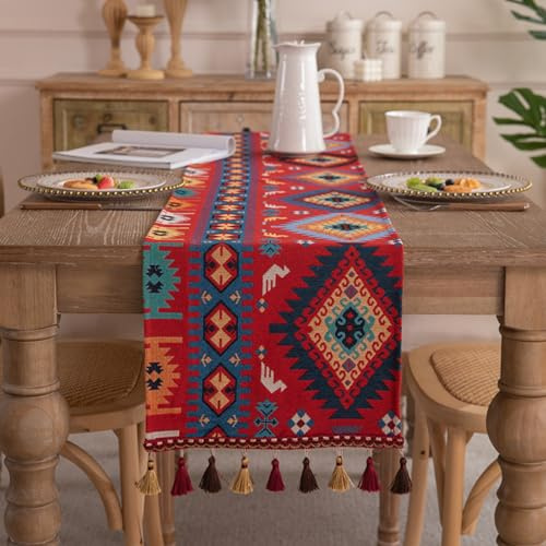 Table Runner with Tassels, 30*120cm Geometric Jacquard Table Runner, Cotton Woven Decorative Table Cloth for Kitchen Dining Table, Farmhouse Home Decor