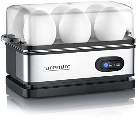 arendo – Cuiseur à œufs avec Fonction Maintien au Chaud - 1 à 6 œufs - Dur, Mollet ou à la Coque - Indicateur Lumineux - Verre doseur avec Perce-œufs - 400 W - Base Anti-dérapante – Noir/INOX brossé