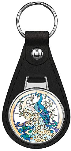 Rasso Graphic Studio Peacock Stained Glass Window Keychain Black Premium Leather Key Chain with Key Ring