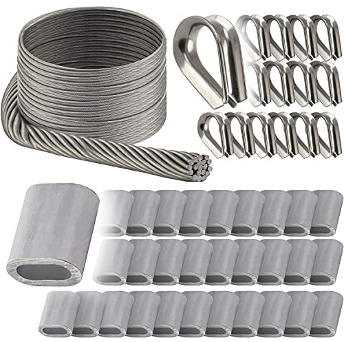 OPIOL QUALITY® 50m Drahtseil Hart 1x19 3mm, 30x Pressklemme Aluminium 3mm, 15x Kausche 3mm ähnl. DIN 6899 Edelstahl A4 Set Drahtseil Seil Kabel Seilklemme Seil Kasuchen Klemme Rankhilfe Sonnensegel