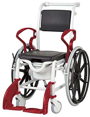 FabaCare Dusch- Toilettenrollstuhl Venedig, bis 100 kg, premium Toilettenstuhl, Duschrollstuhl, Rollstuhl mit WC Eimer, Farbe grau/rubinrot