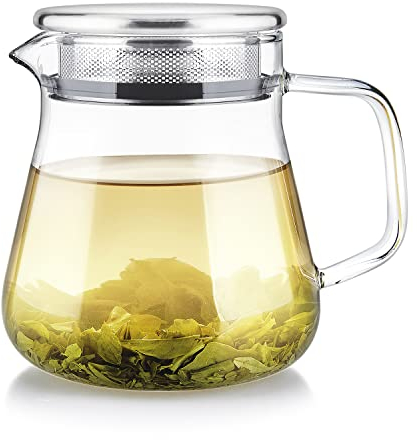 Teabloom One-Touch 2-in-1 Tea Maker - Borosilicate Glass Teapot (15 Oz) With Stainless Steel Filter Lid