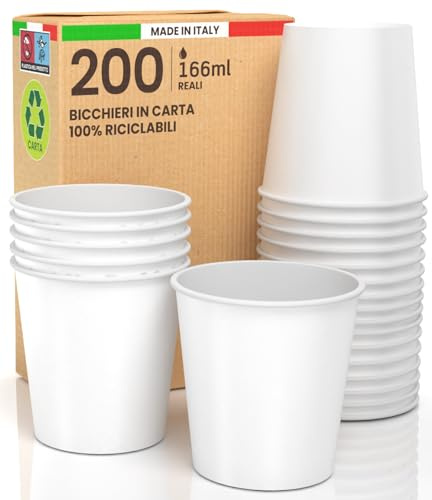 200 vita pappersmuggar, kopp, 166 ml, miljövänlig, biologiskt nedbrytbar, engångs tillverkad i Italien, Asporto, varma drycker, vatten, tillverkad och förpackad i Italien