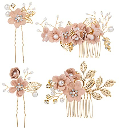 4 pezzi perla d'oro accessori per capelli nozze fiori secchi Dirndl per donna donne ragazze, rosa vecchio fiore cristallo pettine forcine gioielli nuziali capelli clip per la sposa damigella d'onore