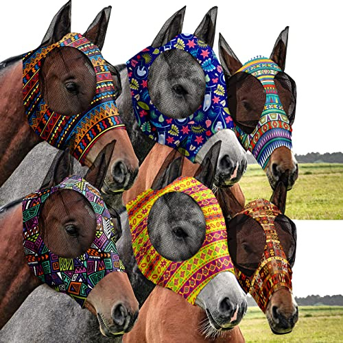 Chunful 6 Pcs Horse Fly Masks with Ears Smooth and Comfortable Mesh Fly Mask Elasticity Breathability UV Protection Horse Face Covering for Riding Supplies(Geometric,Large)