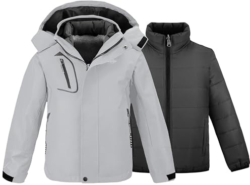 wantdo Boys' Ski Jacket Warm Coat Waterproof 3 in 1 Snowboard Jacket Outerwear Grey 8