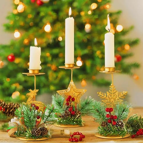 MZSX 3pcs Christmas Candle Holders, Candle Holders Decor, Christmas Tree Pinecone Berry Candlestick Holders, for Table for Xmas Dining Room Decoration Display Home Decor, Mantle Fireplace Decoration