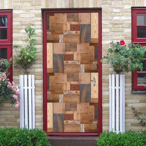 Adesivi per Porte Interne Di Legno Adesivo Porta Interna Patchwork in Legno 3D Murale Decorazione Camera Da Letto Bagno Poster Porta Autoadesivo Carta Da Parati 90x210 cm 142A