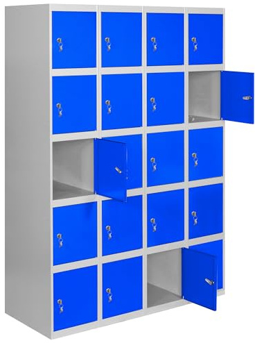 Simon Rack Taquillas Vestuario Metalicas, 4 Módulos 20 Puertas, Incluye Llave, 1800x1200x500 mm, Gris/Azul - Simonlocker
