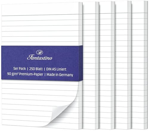 Fantastino® Block Notes A5 a Righe 5 Pezzi. Piccoli, 250 Fogli (50 per Blocco) Carta Premium 90 g/m². Blocco Note, Fogli per Appunti, Blocco a Strappo per Ufficio, Casa, Scuola, Università.