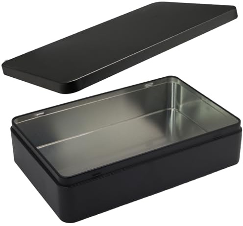 Coufce Rectangular Metal Tin, 8.5x5.3x1.9 Inch Black Storage Tin Box for Treats, Gifts, Favors, Candle, and Crafts