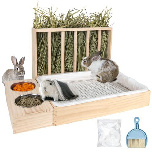 BESNEW 3 in 1 Rabbit Hay Feeder with Litter Box,Upgraded Wooden Hay Feeder Set for Guinea Pig Chinchilla Bunny Other Small Animals,Quick Cleaning & Large Capacity & Preventing Waste