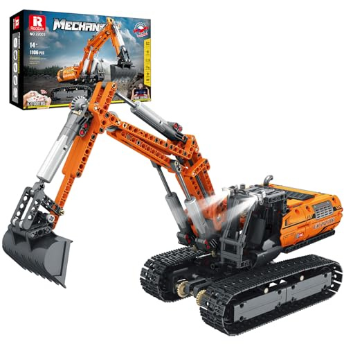 Reobrix Juego de construcción de excavadora RC, modelo de excavadora de control remoto con motor, juguetes de construcción de camiones para niños 22003, bloques de construcción de vehículos, juguetes
