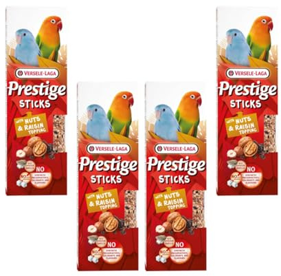 Versele-Laga Prestige Sticks piccoli pappagalli con noci e topping all'uva passa | Confezione da 4 | 4 x 60 g | Snack per piccoli pappagalli e parrocchetti | Senza conservanti sintetici