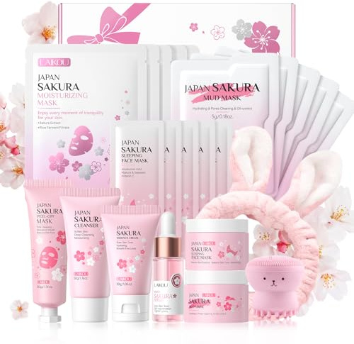 LAIKOU Set de Cuidado Facial Sakura,11 Piezas Skincare Kit Pack Regalo Mujer para Rutina Facial, con Limpiador Tónico Sérum Crema Mascarilla Hidratante Cinta Cabello Cepillo de Limpieza Face
