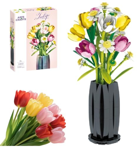 flowriple Kit de construction de fleurs de tulipes à faire soi-même, collection botanique créative, blocs de construction pour la maison, le bureau, arrangement floral de tulipes artificielles