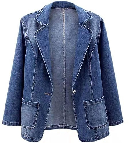 Chaquetas de mezclilla para mujer, talla grande, chaqueta de traje formal elástica de manga larga, chaqueta de solapa, color liso, con bolsillos, de corte ajustado, para trabajo y salidas