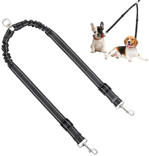 Double Dog Lead Coupler,No Tangle 360° Rotation Dog Leash Coupler for Walking 2 Dogs, Heavy Duty Adjustable Bungee Reflective Dual Leash for Walking Medium Large (Black for Pets 3-25kg）