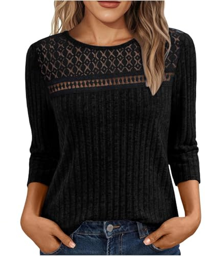 Jumpers for Women UK Lace Ribbed Knit Sweater Casual 3/4 Sleeve Fashion Crew Neck Sweatshirts Elegant Ladies Jumper Women's Comfy Lightweight Pullover Tops
