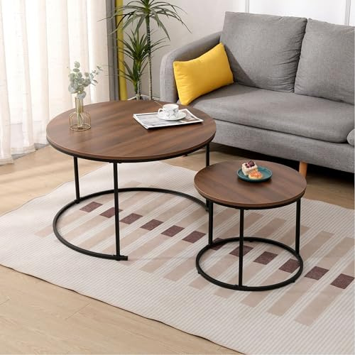 Hoclauho Rund Couchtisch 2er Set mit Metallgestell Stapelbar vielseitig kombinierbar Wasserabweisend stabil für Wohnzimmer Apartments Braun