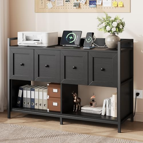 Filing Cabinet for Home Office, 43 Wood File Cabinet with Power Outlet, 2 Drawers, 2 Open Storage Shelves, Black Lateral File Storage Fits Legal/Letter/A4 Size, Printer Stand with Bookshelf Organizer