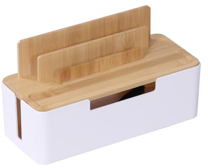 Relaxdays Scatola Porta Cavi in bambù con Supporto Smartphone/Tablet, Ventilazione, multipresa 6 posti, Bianco 16x30x13