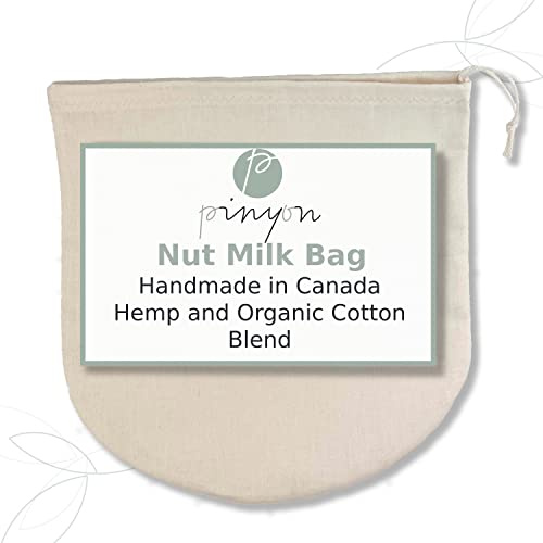 Organic Reusable Nut Milk Bag for straining almonds, cashews, oats, rice, hemp seeds and more, Cold Brew Coffee & Dry Bulk Food Bag - Made in Canada of Hemp and Organic Cotton - 100% Natural.