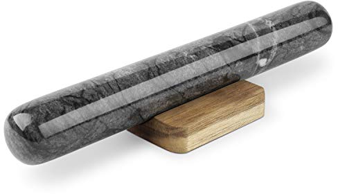 Flexzion Dowel Rolling Pin, 11-inch Black Marble with Wooden Holder Base Stand, Marble Rolling Pin for Baking Pastry Pizza Dough Roller Fondant Cookie Pie Crust Pasta Bakery Roller Pin