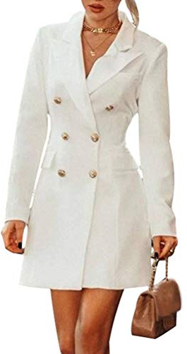 ORANDESIGNE Mujer Blazer Manga Larga Chaqueta del Traje Mini Vestido Oficina Negocios Party OL Cuello en V Botón Chaqueta Abrigo Otoño Invierno B Blanco M