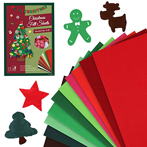 Pllieay 10 hojas de tela de fieltro suave de Navidad, 8.3 x 11.8 pulgadas (tamaño A4), 1.4 mm de grosor, multiusos para hacer arte y decoraciones de Navidad, 10 colores