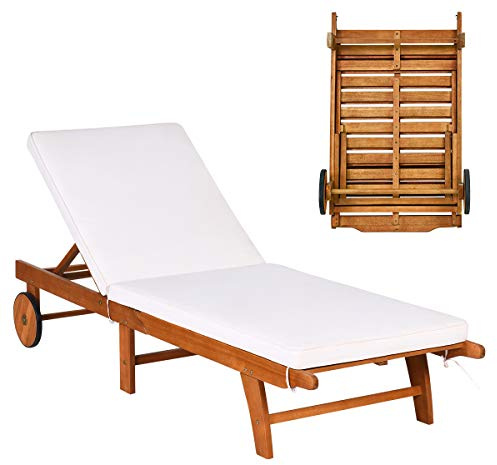 COSTWAY Tumbona Hamaca de Madera de Exterior, 5 Niveles, Chaise Longue Regulable con Cojín con Cremallera, Plegable y Portátil, con Ruedas, Tumbona Reclinable Playa Piscina, Carga 160 kg (Blanco,1)