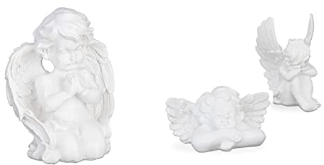 Relaxdays Grabengel, kniend & betend & Grabengel 2er Set, Engelfigur anmutig, wetterfest, frostsicher, Grabschmuck, Schutzengel, Kunststein, weiß