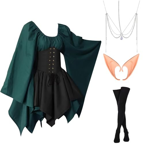 Ulikey Robe Irlandaise Traditionnelle Médiévale Gothique Renaissance pour Femme - Costume Halloween avec Oreilles d'Elfe, Accessoire pour Cheveux, Chaussettes de Surjambe