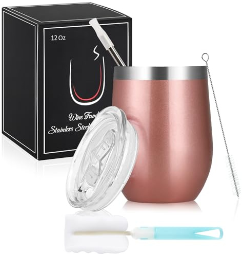 Joymaking Vinmugg rostfritt stål, stämpless vinmugg med lock, dubbelväggig obrytbar resemugg för mjölk, kaffe, vin, öl, champagne, cocktails, roséguld