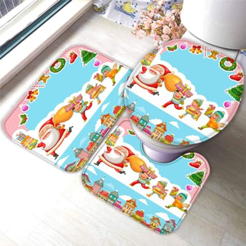 Badematte Set 3 Teilig 50x80 Weihnachten Badematten 3D rutschfest Waschbar Badvorleger WC Vorleger Deckelbezug U-Förmige Badteppich Badezimmer Weihnachtsmann Rentier Süß Badezimmerdekoratio