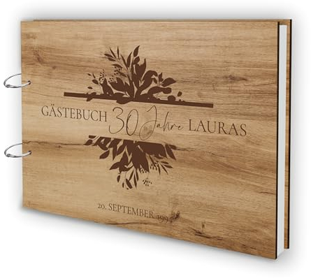 Holz Gästebuch Runder Geburtstag, Party, Firmenfeier, uvm. Echtholz mit individueller Lasergravur | 50 Blätter (100 Seiten) | DIN A4 |