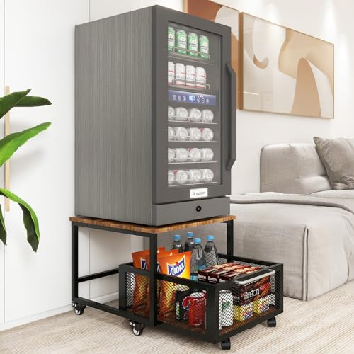 PUNCIA Mini soporte para refrigerador de 19.7 x 23.6 pulgadas con gran capacidad de almacenamiento, mesa de refrigerador resistente con ruedas bloqueables, plataforma de electrodomésticos resistente
