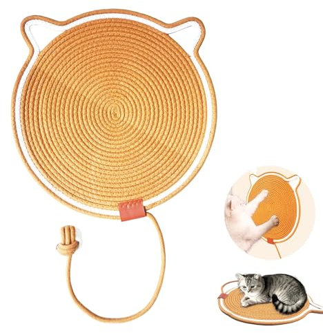Sisal Kratzteppich für Katzen 43x43cm, widerstandsfähig Kratzmatte Katze, mit Baumwollkugel Spielzeug & Katzenohr-Design || sisalteppich, Robuste kratzwand, kratzbrett Wand, Ersatz für kratzpappe