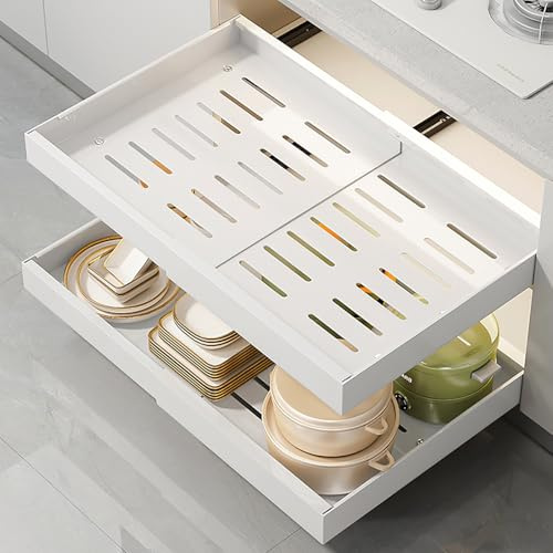 Wiseten Cajón Telescópico Blanco 32~52 cm, Cajones Extraibles Para Cocina, Organizador de Armario de Metal Extensible con Sistema de Rieles, Sin Taladrar para Cocina Baño Salón