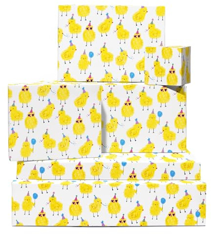 Papel de regalo blanco - 6 hojas de papel de regalo - Pollitos - Globo, Gorro de fiesta - Papel de regalo para niños y niñas - Animal de granja - Viene con pegatinas - Por Central 23