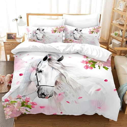 AVJWWD Juego de Ropa de Cama para Caballos con impresión 3D, Suave Microfibra, Funda nórdica con diseño de Animales Caballos, para niños (Caballo de Flores, 135x200cm)